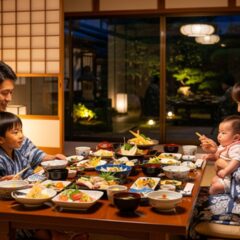 秩父の旅館で部屋食を楽しむお父さんとお母さん、息子と赤ちゃん。