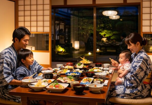 秩父の旅館で部屋食を楽しむお父さんとお母さん、息子と赤ちゃん。