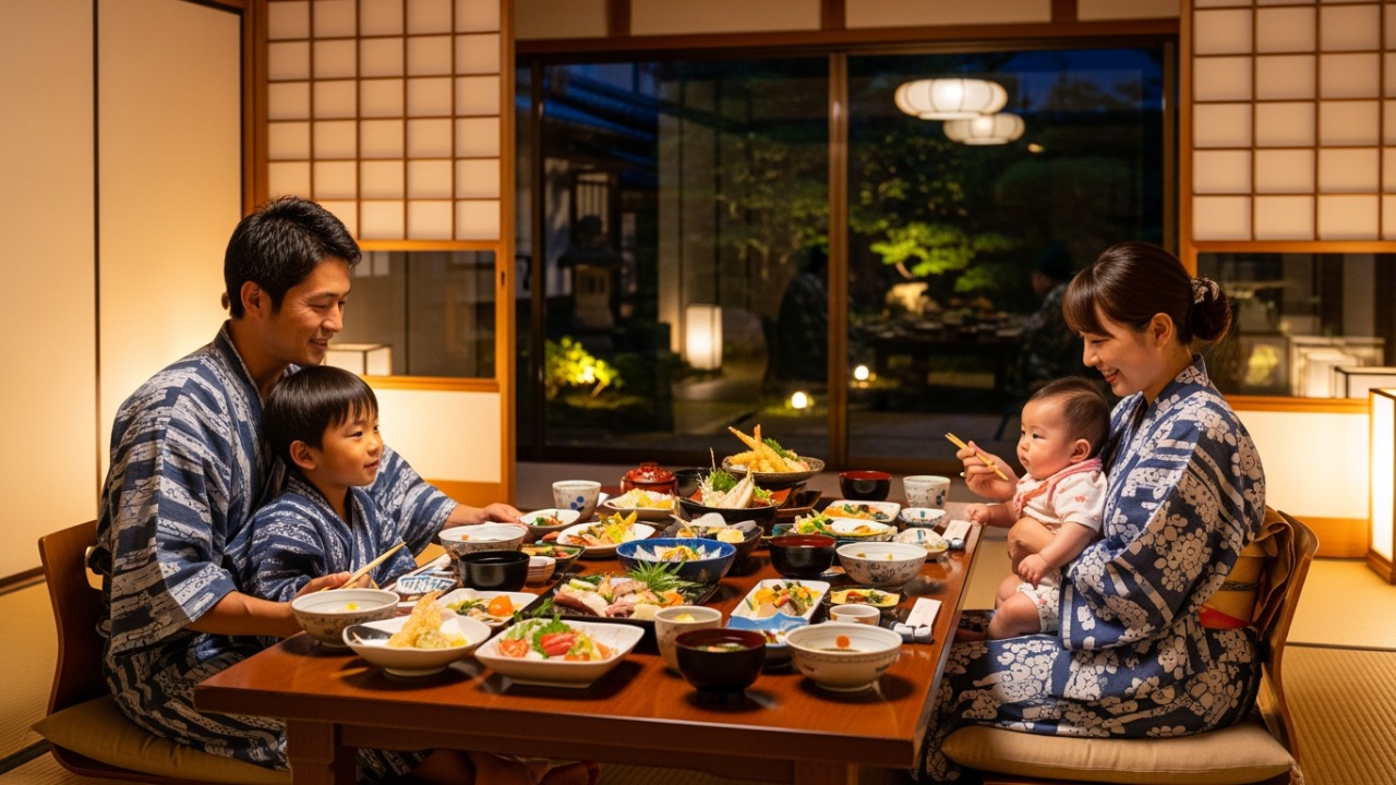 秩父の旅館で部屋食を楽しむお父さんとお母さん、息子と赤ちゃん。
